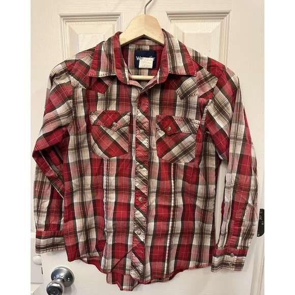 Wrangler Boys L Shirt Pearl Snap Red Brown Plaid Western Cowboy Stitched Pocket - Picture 1 of 10